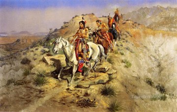 アメリカインディアン Painting - 戦争の道中 1895年 チャールズ・マリオン・ラッセル アメリカ・インディアン